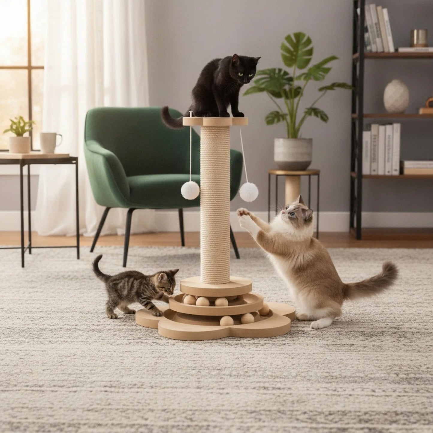Jouet Chat Interactif Bois Massif 3-en-1 Griffoir Sisal