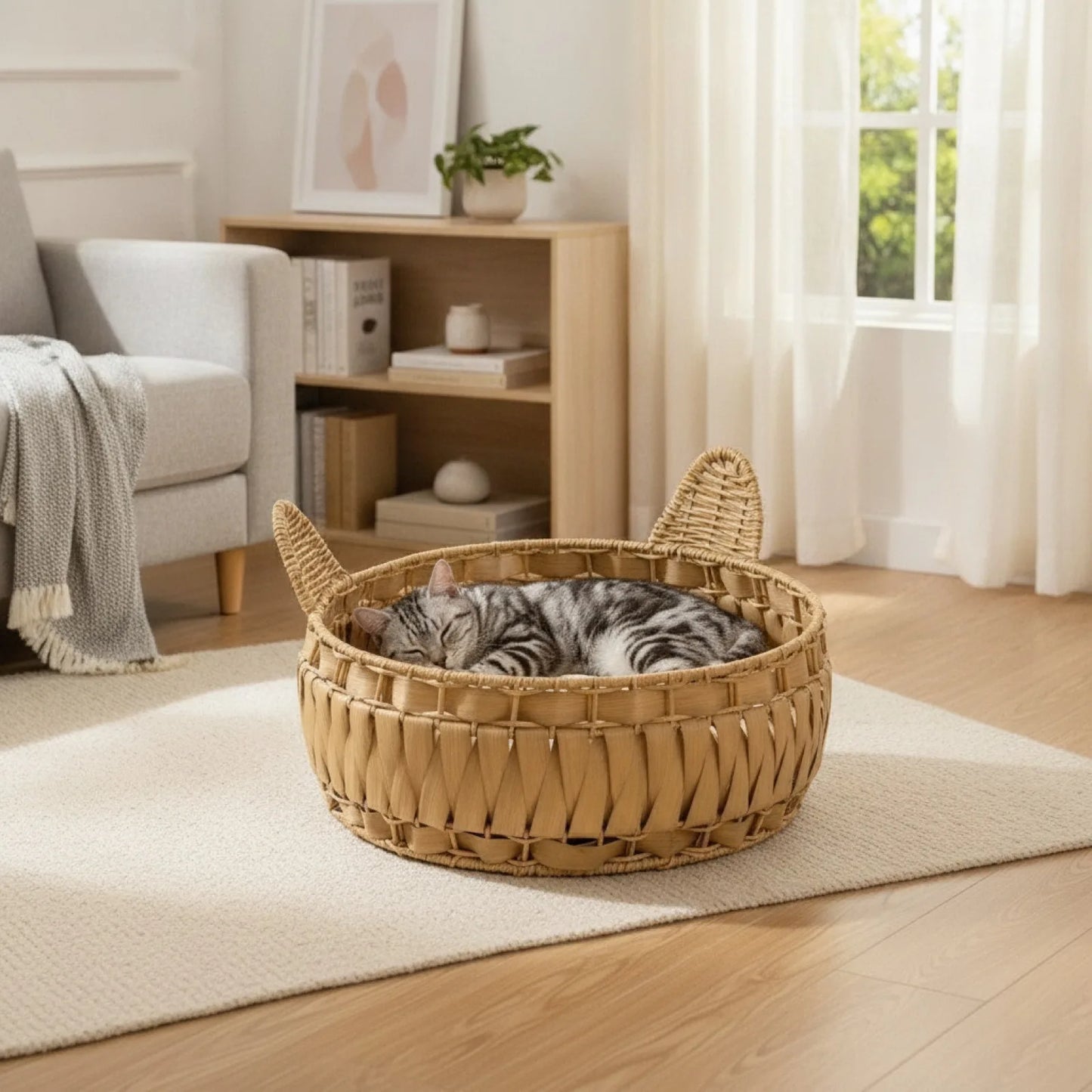 Panier Rond Chat en Rotin Naturel Vert Armée