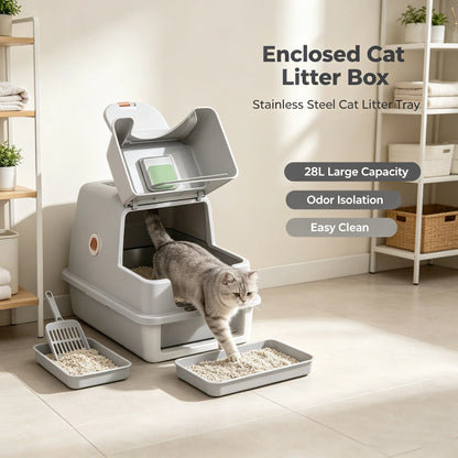 Litière Chat Fermée Design 28L Acier Inox