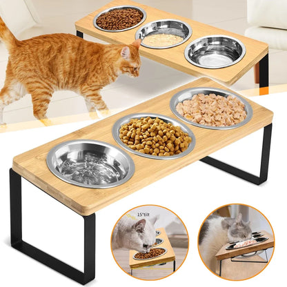 Gamelle surélevée inclinée 3 bols pour chats et petits chiens