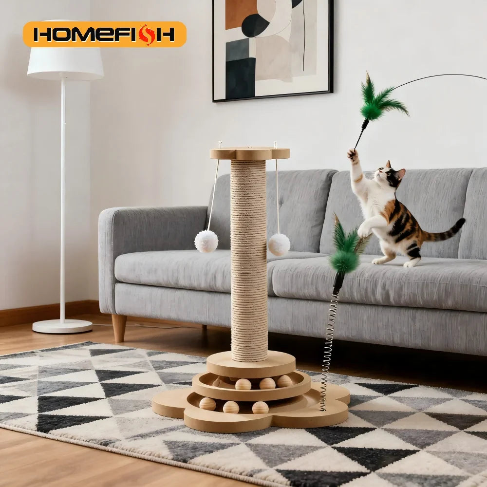 Jouet Chat Interactif Bois Massif 3-en-1 Griffoir Sisal