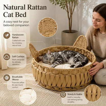 Panier Rond Chat en Rotin Naturel Vert Armée