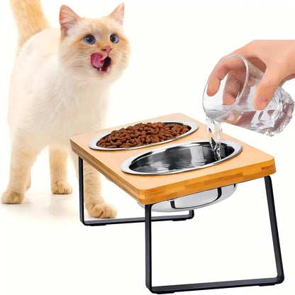 Gamelle surélevée 15° pour chat - Bois & Inox