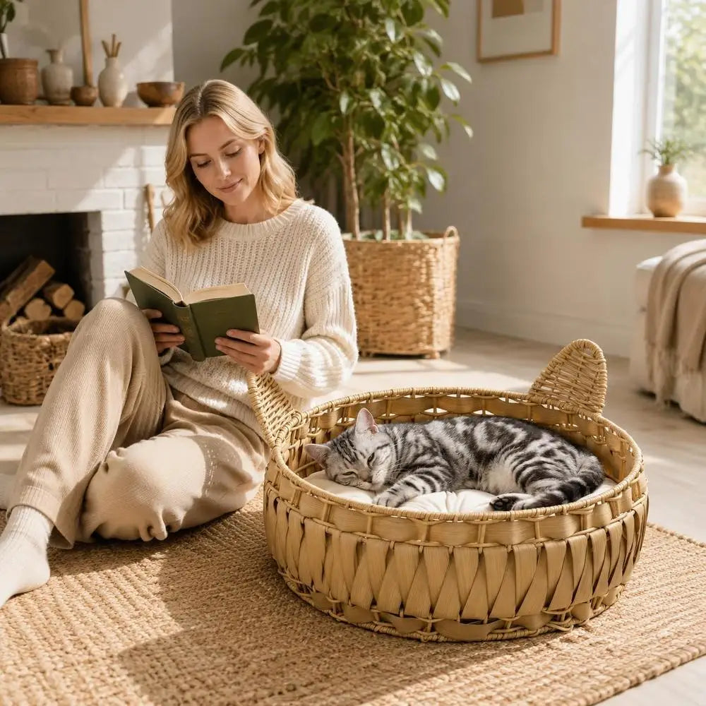Panier Rond Chat en Rotin Naturel Vert Armée