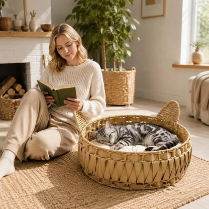 Panier Rond Chat en Rotin Naturel Vert Armée