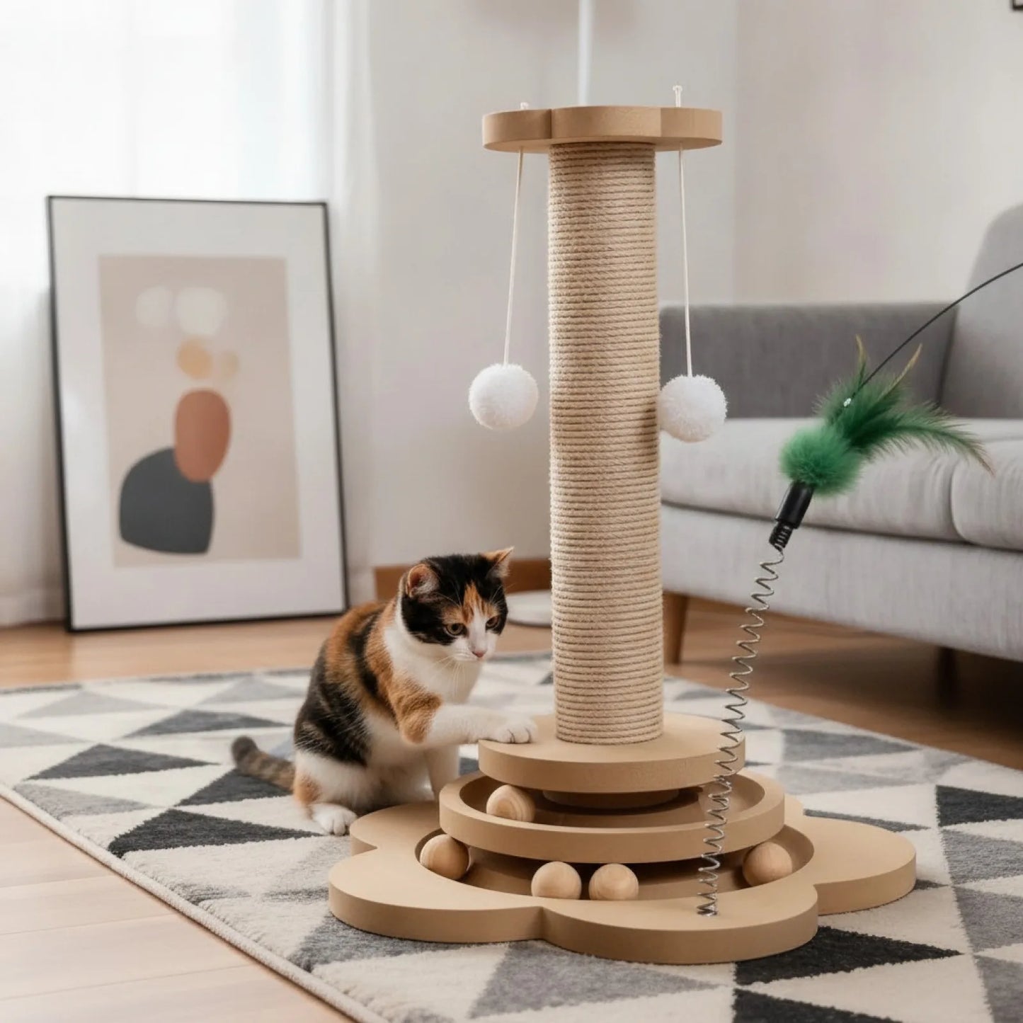 Jouet Chat Interactif Bois Massif 3-en-1 Griffoir Sisal