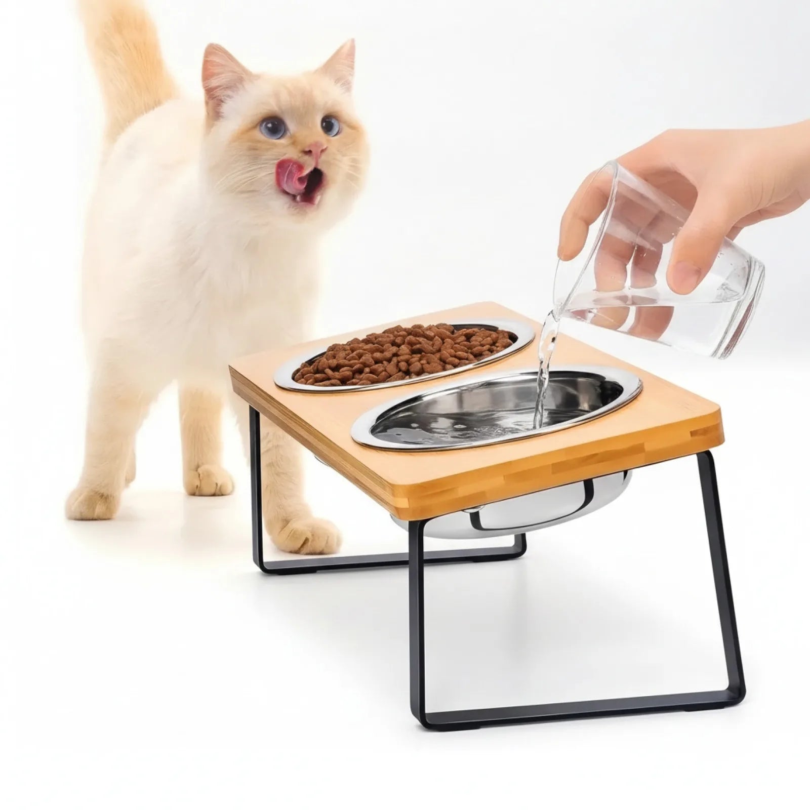 Gamelle surélevée 15° pour chat - Bois & Inox