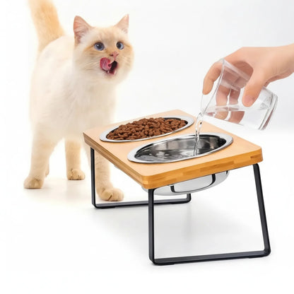 Gamelle surélevée 15° pour chat - Bois & Inox