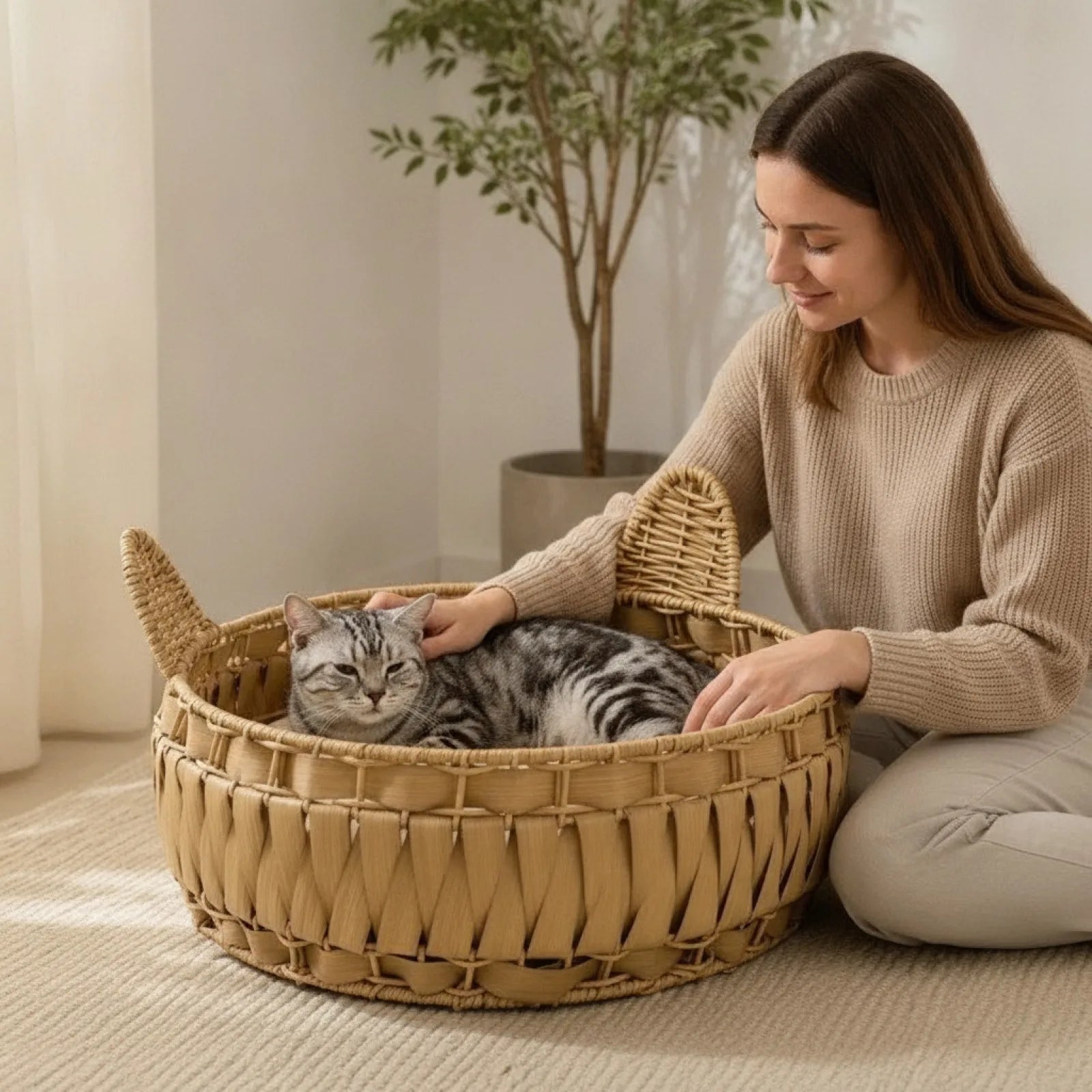 Panier Rond Chat en Rotin Naturel Vert Armée