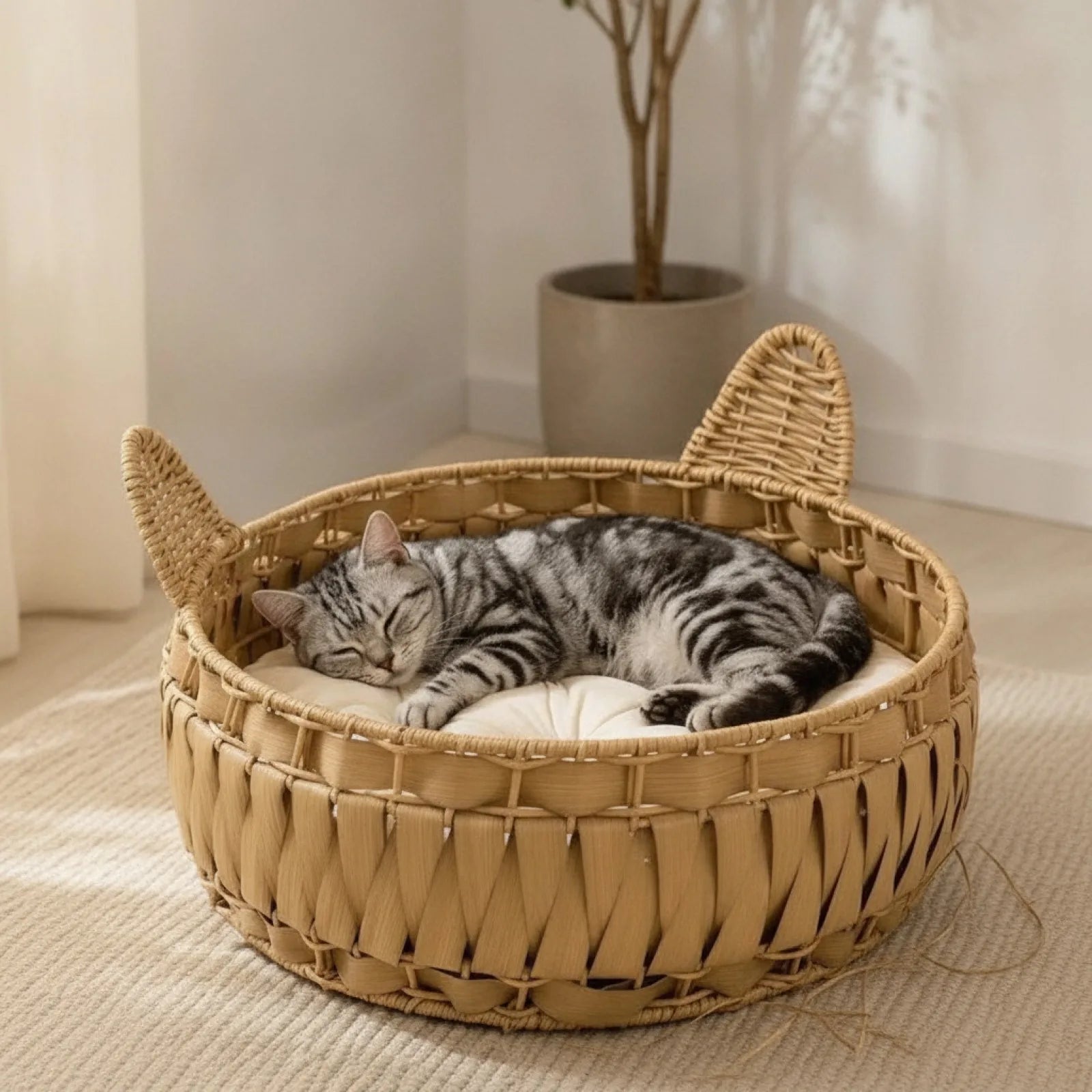 Panier Rond Chat en Rotin Naturel Vert Armée