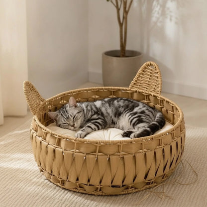 Panier Rond Chat en Rotin Naturel Vert Armée