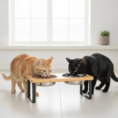 Gamelle surélevée 15° pour chat - Bois & Inox