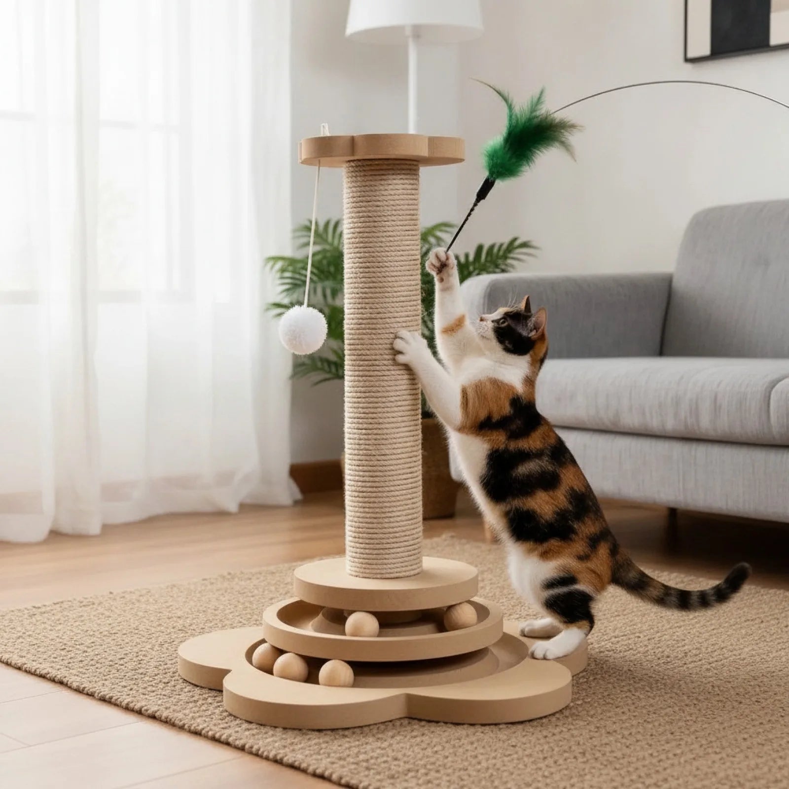 Jouet Chat Interactif Bois Massif 3-en-1 Griffoir Sisal