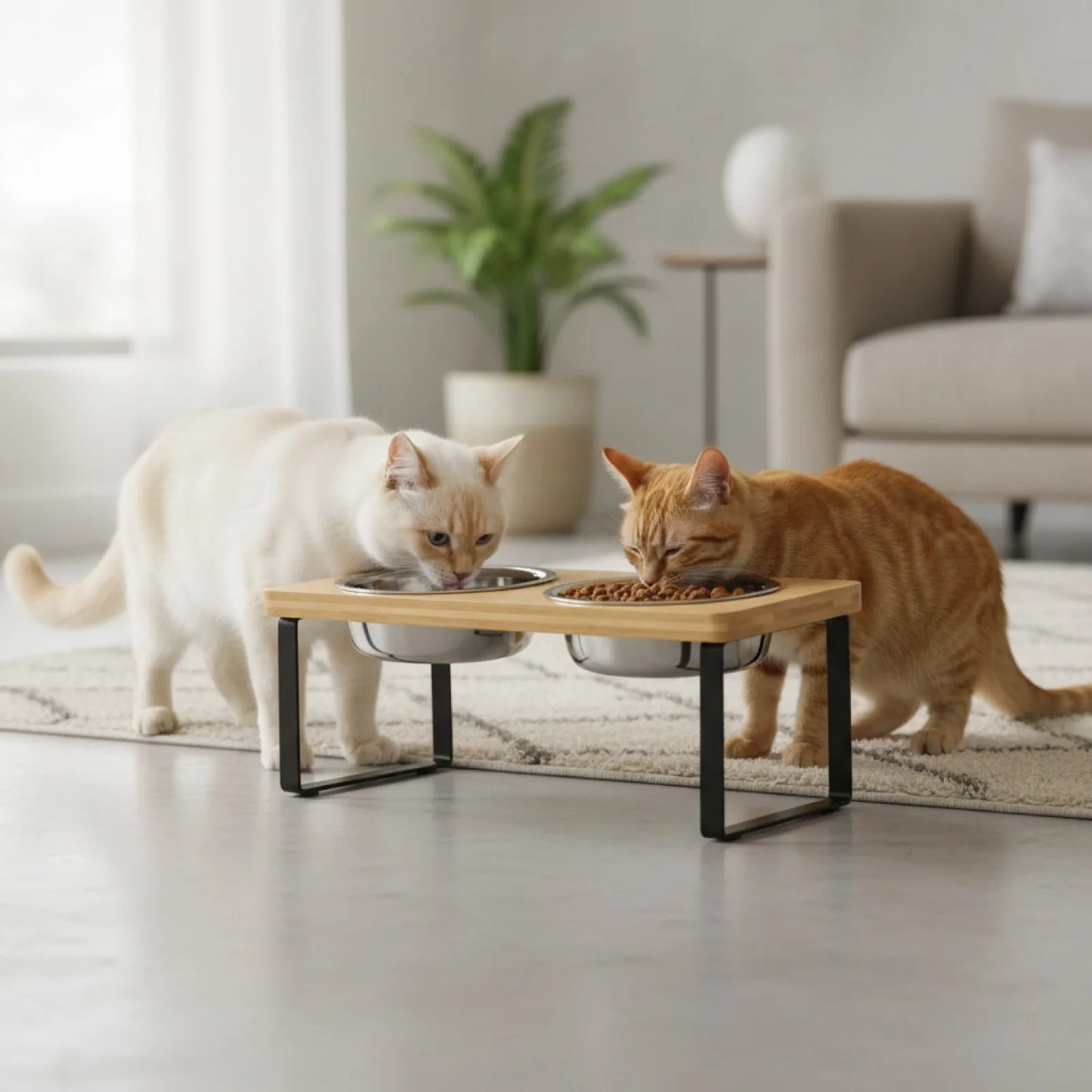 Gamelle surélevée 15° pour chat - Bois & Inox