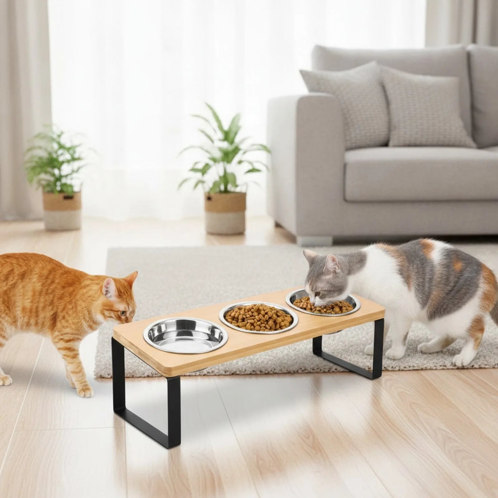 Gamelle surélevée inclinée 3 bols pour chats et petits chiens