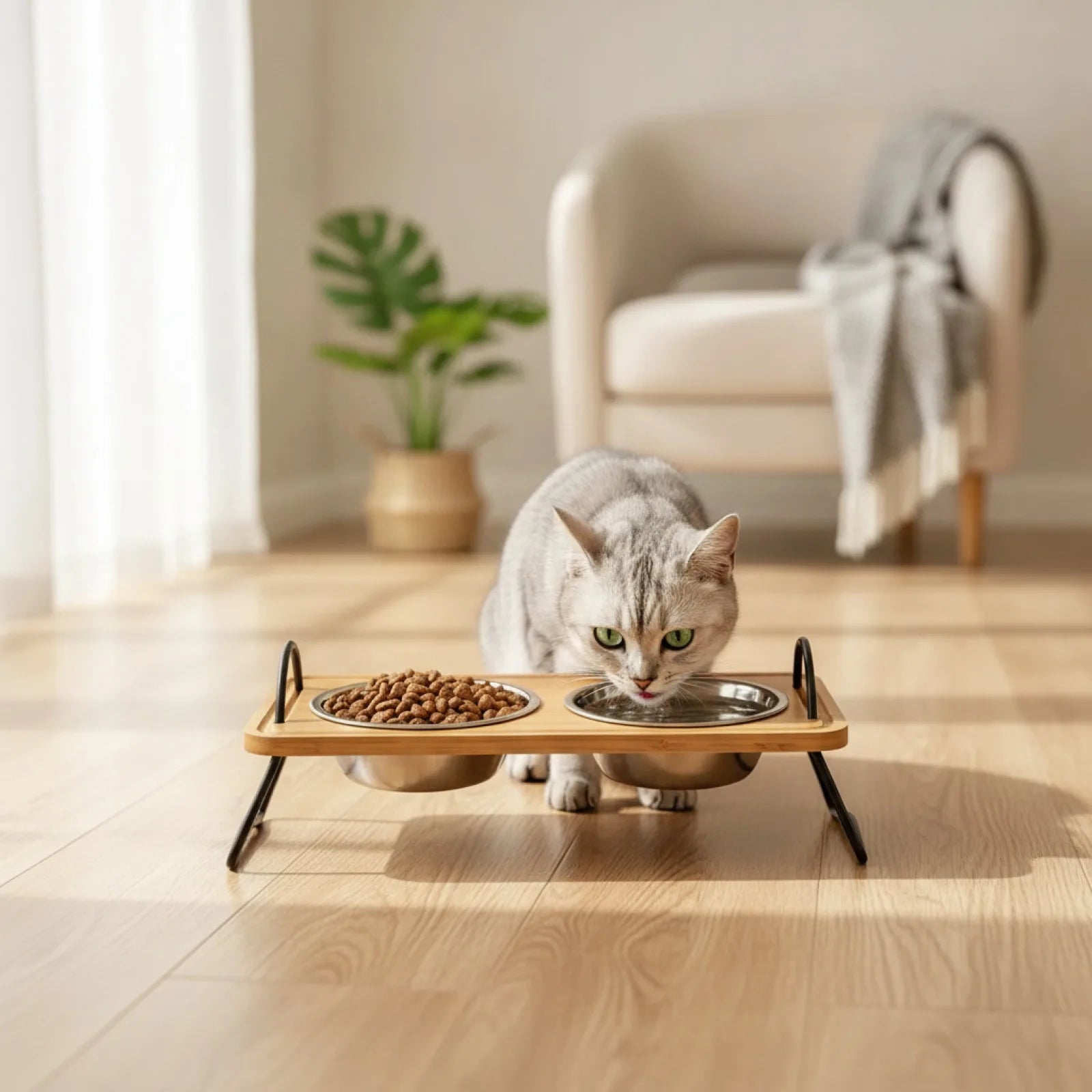 Set 2 Gamelles Surélevées Chat Bambou & Inox