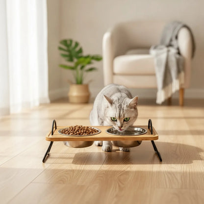 Set 2 Gamelles Surélevées Chat Bambou & Inox