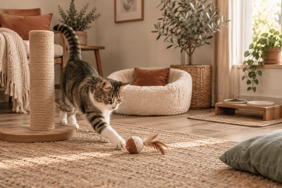 Un chat jouant près d'accessoires utiles dans un intérieur chaleureux