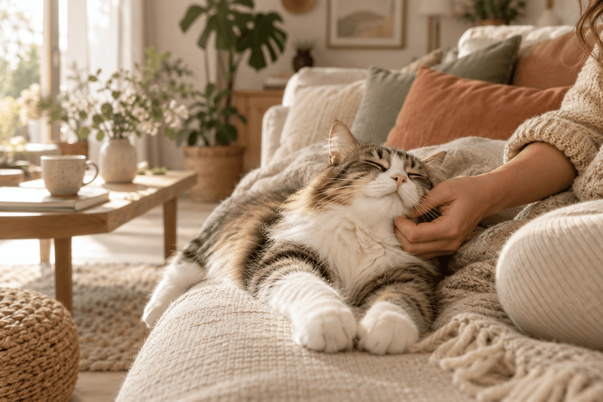 Un chat détendu dans un intérieur chaleureux aux côtés de sa famille