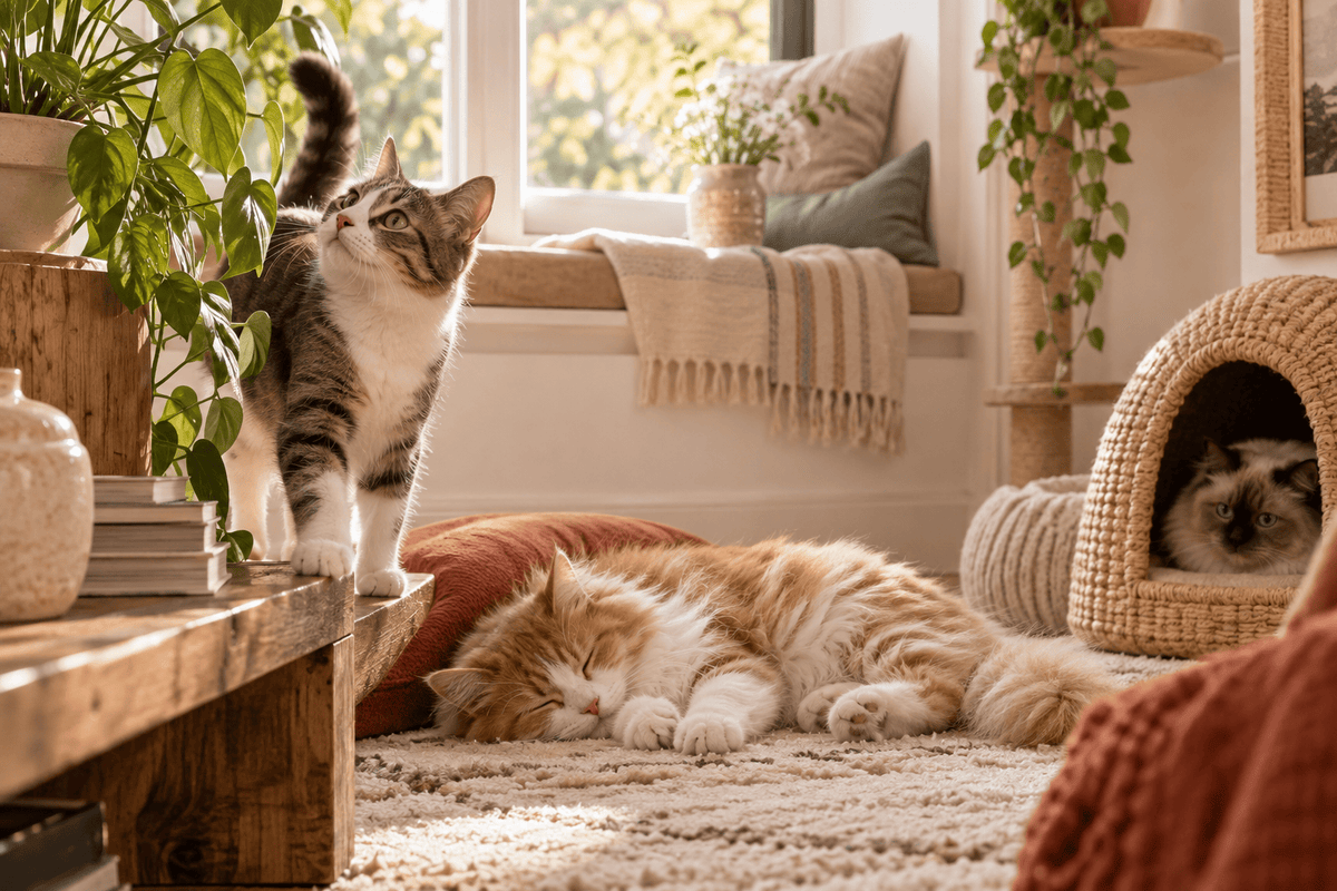 Trois chats aux caractères différents dans un intérieur lumineux