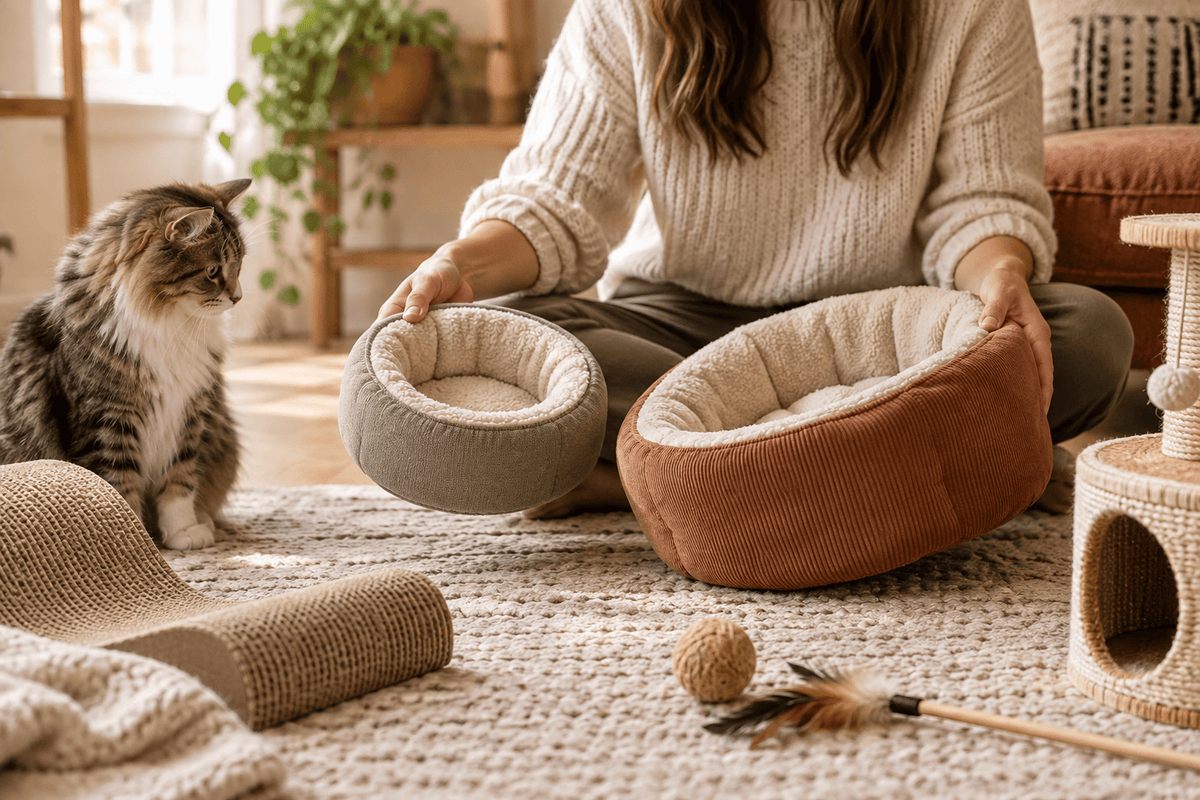 Une personne comparant des accessoires pour choisir celui qui convient à son chat