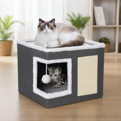 Panier Chat Refuge Douillet avec Griffoir : grande caverne pliable, balle suspendue et griffoir intégré pour rassurer et divertir.