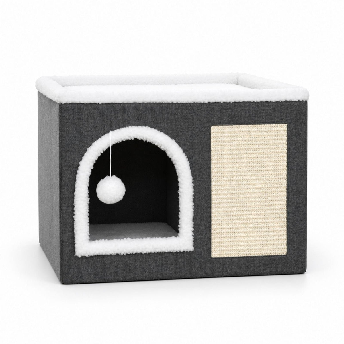 Panier Chat Refuge Douillet avec Griffoir : grande caverne pliable, balle suspendue et griffoir intégré pour rassurer et divertir.