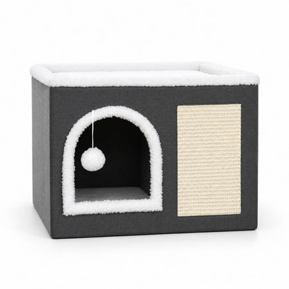 Panier Chat Refuge Douillet avec Griffoir : grande caverne pliable, balle suspendue et griffoir intégré pour rassurer et divertir.