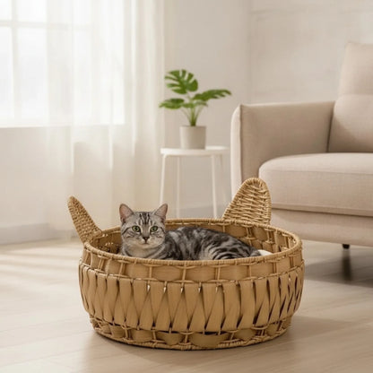 Panier Rond Chat en Rotin Naturel Vert Armée
